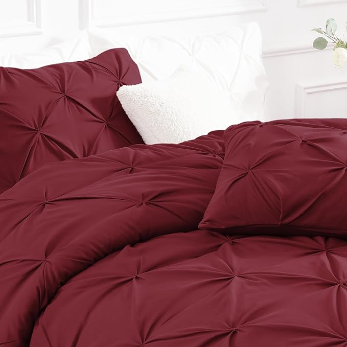 Andency Burgundy Comforter Set King(104x90Inch), 3 Pieces(1 Pinch Pleat Comforter and 2 Pillowcases) All-Season Pintuck Comforter Set, Soft Lightweight Microfiber Bedding Set