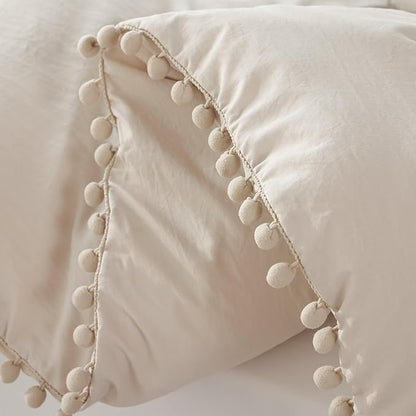 YIRDDEO Twin Comforter Set - Comforter Twin Size Bed with Ball Pom Fringe, Soft Bedding Set for All Seasons - 2 Pieces, 1 Comforter (66"x90") & 1 Pillow Sham(20"x26"), Beige