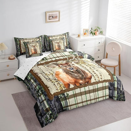 Erosebridal Elk Deer Bed in a Bag King Size Comforter Set 7 Pieces,Woodland Animals Bedding Sets Buffalo Plaid Sheet Set with Comforter