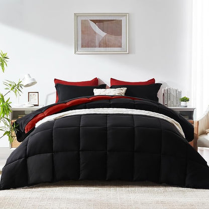 COZYART Full Comforter Set 7 Pcs, Black and Red Bed in a Bag, All Season Lightweight Soft Reversible Bedding Sets, 1 Comforter, 1 Flat Sheet, 1 Fitted Sheet, 2 Pillow Shams, 2 Pillowcases