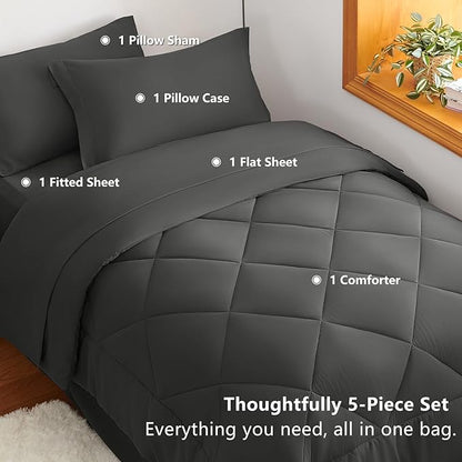 CozyLux Twin XL Comforter Set Dark Grey - 5 Pieces Twin Extra Long Bed in a Bag for College Dorm, All Season Bedding Set for Girls and Boys, Soft Bed Set with Comforter, Sheets, Pillowcase & Sham