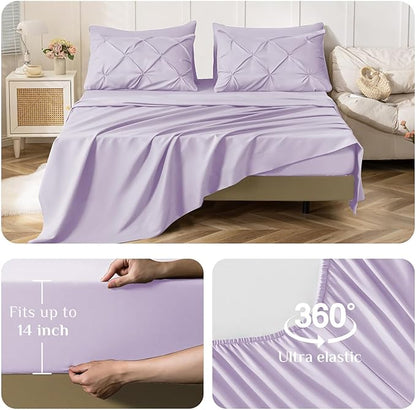 JOLLYVOGUE California King Comforter Set 7 Pieces - Bed in a Bag Cal King for All Season, Pintuck Bedding Comforter Sets with Comforter, Flat Sheet, Fitted Sheet and Pillowcases & Shams, Light Purple