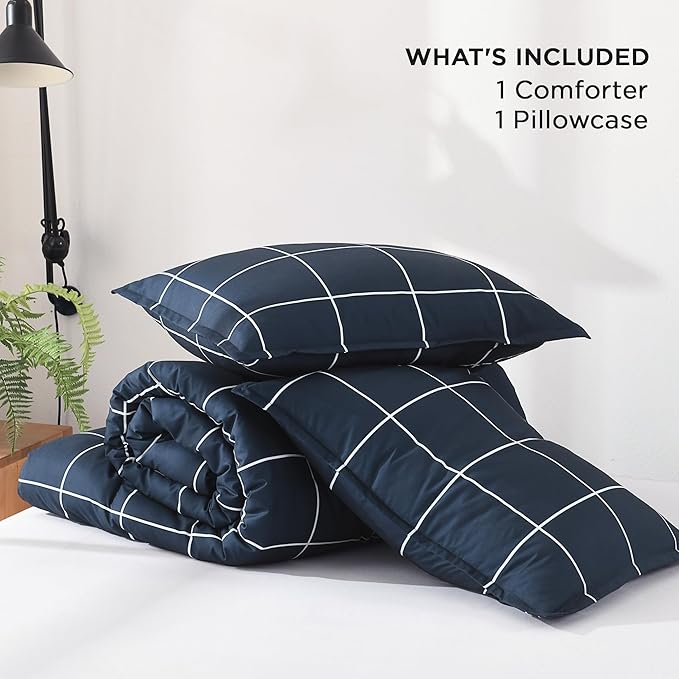Andency Navy Plaid Comforter Twin(66x90Inch), Dark Blue Grid Gingham Buffalo Plaid Bed Set for Boys Kids Teens, 2 Pieces Lightweight Microfiber Geometric Preppy Bedding