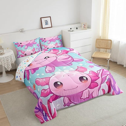 Cute Axolotl Kids Twin Size Comforter Set,Pink Kawaii Animal Ocean Sealife Reversible Bedding Set for Teens Bedroom,Lovely Cartoon Blue Sea Coral Quilted Duvet Set with 1 Pillowcase