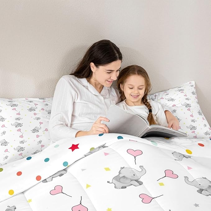 Erosebridal Lovely Elephant Comforter Set for Kids Girls Boys Teens Bedroom,Love Heart Down Comforter for All Season, Kawaii Animal Bedding Set, Cartoon Style Triangle Quilt King Size