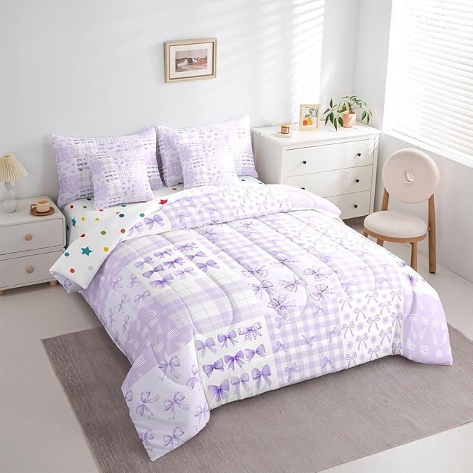 Feelyou Purple Bow Comforter Set with Sheets 7 Piece Full Size Cute Bowknot Bedding Set for Kids Boys Girls Princess Bow Bed in a Bag Kawaii Room Decor Soft Lightweight Microfiber