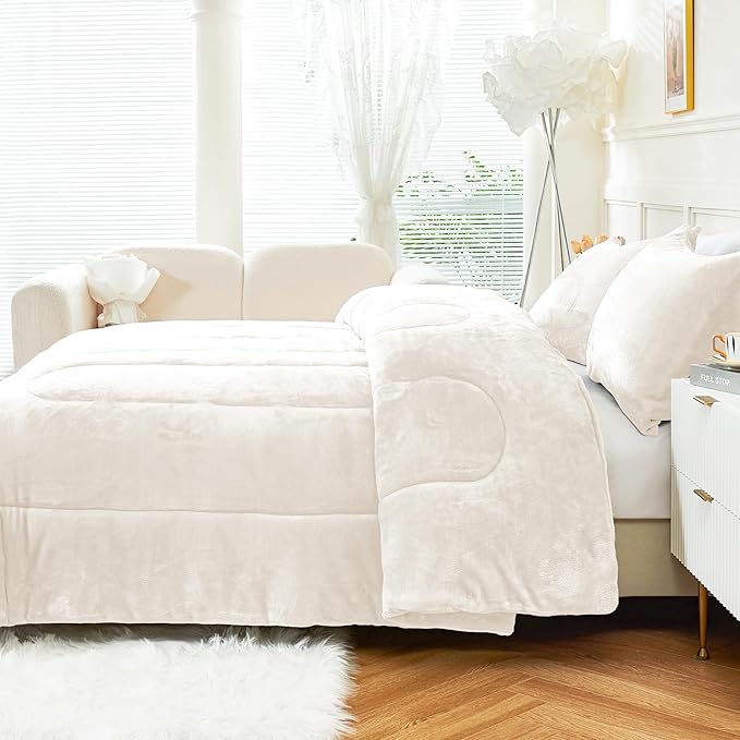 YIYEA Fluffy Queen Size Comforter Set, Luxury Faux Fur Comforter, Ultra Soft Plush Fuzzy Velvet Bedding Comforter Sets for Fall Winter, Cozy Warmth, No Shedding, 3PC, Queen, Ivory