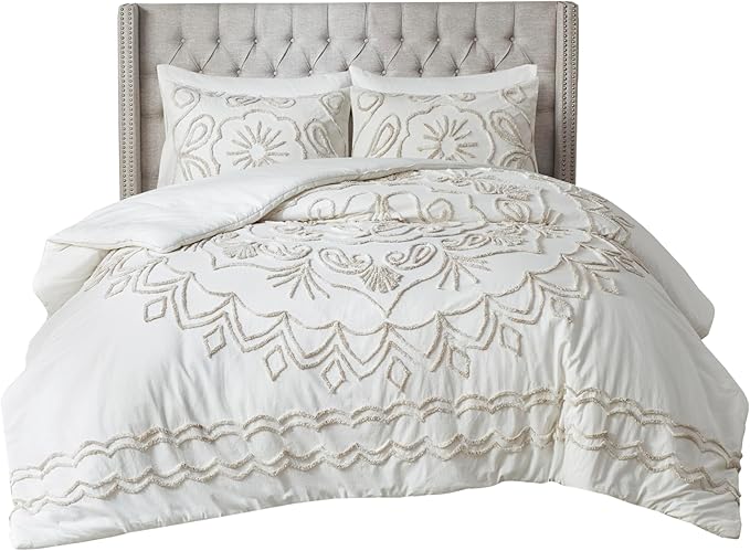 Madison Park Violette Chenille Cotton Tufted Comforter Large Medallion Design, All Season, Hypoallergenic, Soft Bedding Set, Matching Sham, Full/Queen, Ivory/Taupe 3 Piece