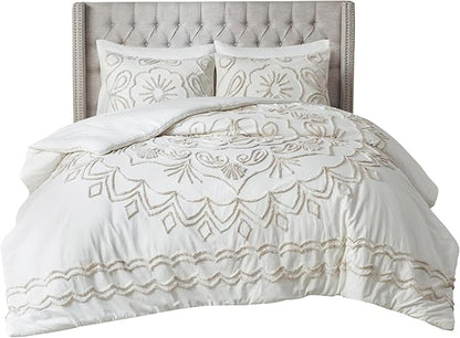 Madison Park Violette Chenille Cotton Tufted Comforter Large Medallion Design, All Season, Hypoallergenic, Soft Bedding Set, Matching Sham, Full/Queen, Ivory/Taupe 3 Piece