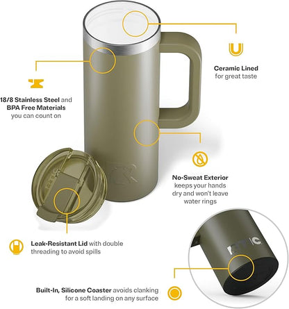 RTIC 20oz Road Trip Travel Mug with Lid and Handle, Ceramic Lined, Insulated, Stainless Steel, Metal, Double Wall Vacuum-Insulation, Portable Coffee, Tea Cup for Hot and Cold Drink, Olive