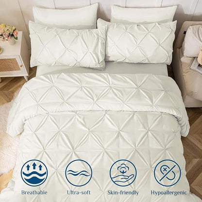 JOLLYVOGUE California King Comforter Set 7 Pieces - Bed in a Bag Cal King for All Season, Pintuck Bedding Comforter Sets with Comforter, Flat Sheet, Fitted Sheet and Pillowcases & Shams, Ivory
