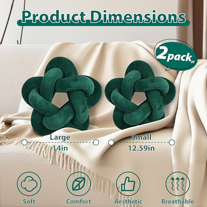 2 Piece Knot Pillows, Ivory Throw Pillows Knotted Star Cushion Decorative Plush Pillow for Bedroom Living Room, Ivory 14"
