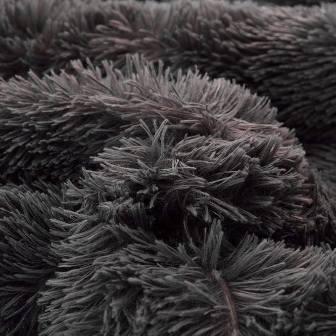 Flysheep Luxury Faux Fur Twin Size Winter Comforter Set Shaggy Velvet Dark Gray/Black Long Hair, 3 Pieces Plush Flannel Sherpa Backing Reversible Soft Microfiber Super Warm Bedding Set for Holiday