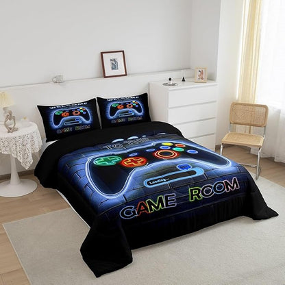 jejeloiu Blue Gamer Gaming Bedding Set King Size for Boys Game Console Comforter Set Kids Teens Neon Light Duvet Set Cool Game Room Decor Quilt Set 3Pcs