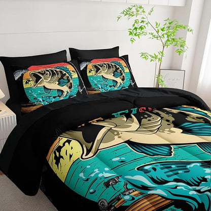 Big Pike Fish Comforter Set Twin Size 7 PCS,Bass Fishing Comforter Set for Boys Girls Children Fishing and Hunting Room Decor,Microfiber Lightweight All Season