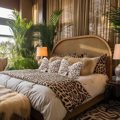Leopard Print Throw Pillow Furry Bow Plush Pillows Cute Flower Plush Pillow Cheetah Home Decor Stuffed Bow Lumbar Pillow for Bed Couch Living Room Decor (White-A, 16in)