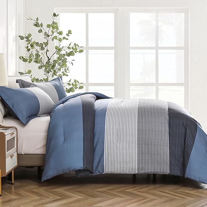 Comforter Set King Size, Reversible Blue Grey Striped Patchwork Down Alternative Comforter for Queen Bed,3 Pieces (1 Comforter+2 Pillowcases), Soft Microfiber Bedding Duvet Insert Set 104"×90"