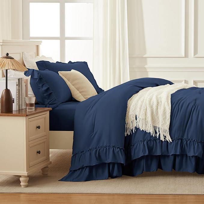 Andency Navy Blue King Comforter Set (104x90Inch), 3 Pieces Ruffle Comforter Set with 2 Pillowcases, Farmhouse Shabby Chic Lightweight Fluffy Soft Microfiber All Season Bed Set