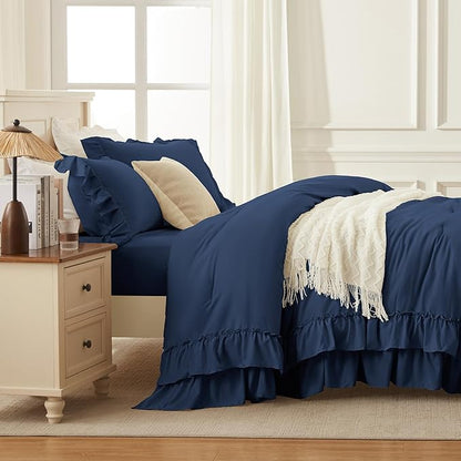 Andency Navy Blue King Comforter Set (104x90Inch), 3 Pieces Ruffle Comforter Set with 2 Pillowcases, Farmhouse Shabby Chic Lightweight Fluffy Soft Microfiber All Season Bed Set