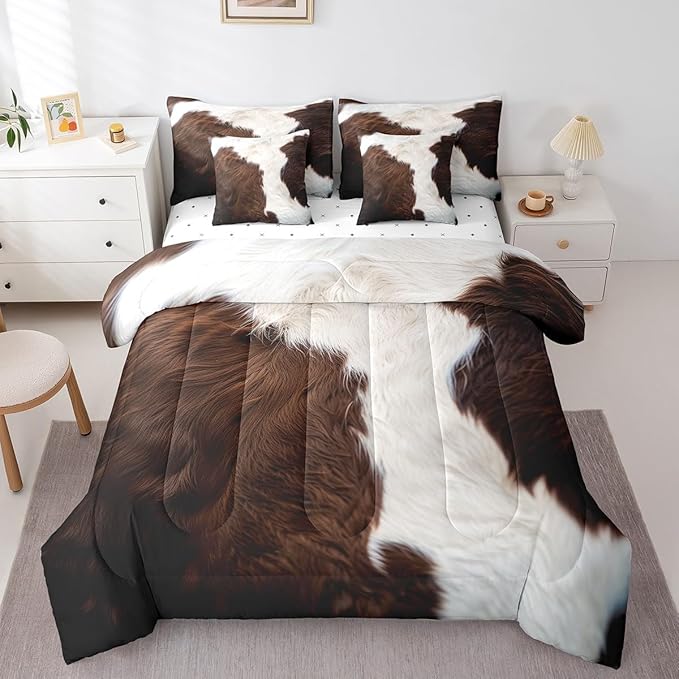 Erosebridal 7 Pieces Brown and White Bedding King Size Cowhide Cow Print Comforter Set, Milk Cow Fur Bedding Comforter Sets Wildlife Hair Bed in a Bag, Animal Skin Pattern Bedding Accessories