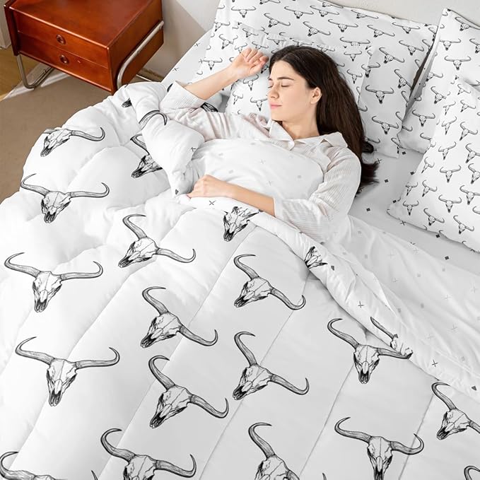 Erosebridal Bull Skull 7 Piece Comforter Set King Ethnic Bohemian Bedding for Men Boys | Tribal Steer Skull Wildlife Aztec Bedroom Decor Farmhouse Cabin Lodge Sheet Set with Comforter,Black White