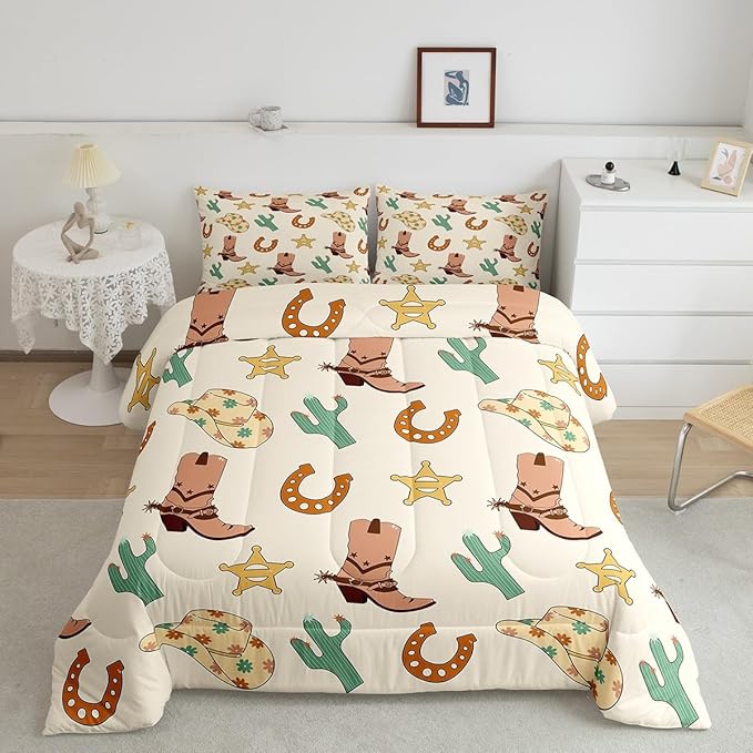 Feelyou Western Decor Bedding Set Twin Size Wild West Cowboy Comforter Set for Kids Boys Girls Decor Cowboy Boots Cowboy Hat Horseshoe Cactus Comforter Yellow Duvet Set