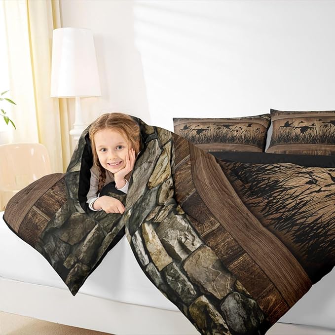 Erosebridal Mallard Duck Hunting Toddler Size Comforter Set Farmhouse Lodge Bedding Set Rustic Cabin Bedding Comforter Sets,Brown Country Wooden Stone Quilt 2 Pcs