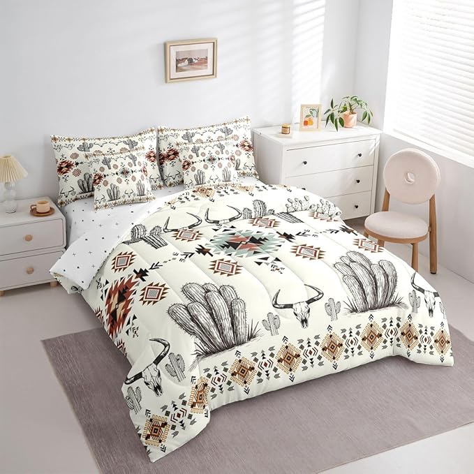 Erosebridal Khaki Southwestern Queen Comforter Set with Sheets 7 Piece Vintage Western Aztec Bed in A Bag Rustic Country Geometric Bedding Sets for Men Adults Boho Tribal Cactus Bull Skull Bed Set