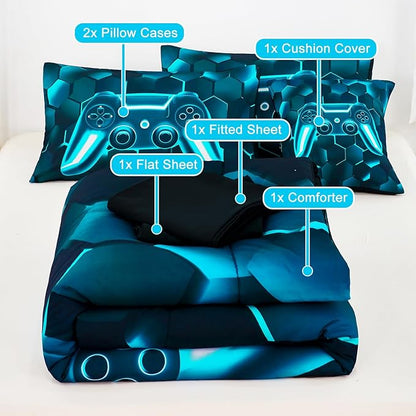 URBONUR Blue Teal Kids Comforter Set Full Size 6 Pieces Video Game Printed Gamer Bedding Set for Boys Teen Girls, Bed in a Bag Full Comforter with Sheets Set