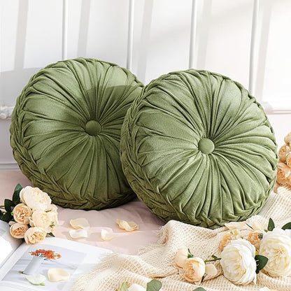 2 Pcs Round Throw Pillows Decorative Velvet Pleated Throw Pillows 15'' Diameter Accent Pumpkin Boho Chair Cushion for Couch Sofa Chair Bed Home Decoration (Olive)
