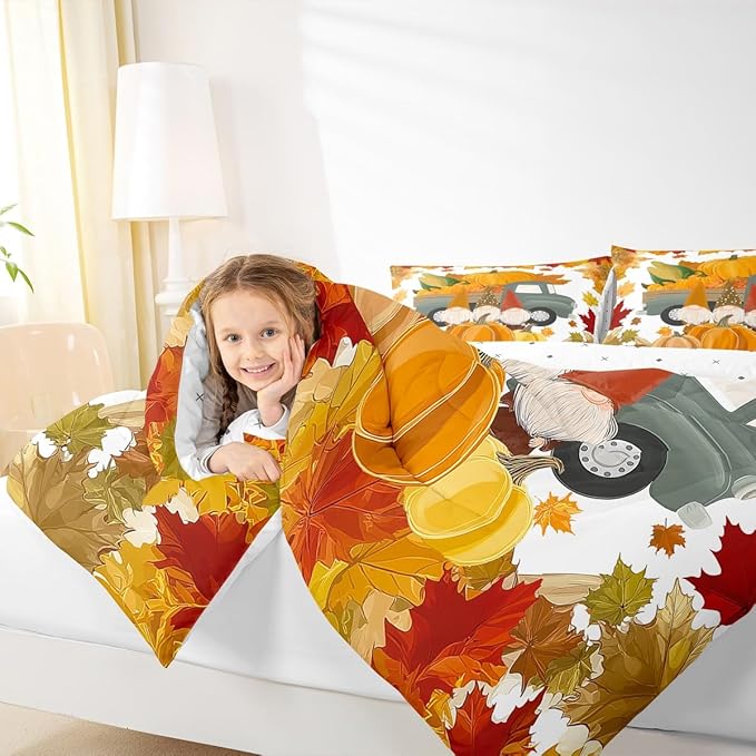 Fall Pumpkins Comforter Set Cute Autumn Gnomes Bedding Sets Thanksgiving Harvest Season Theme Comforter King Gifts For Kids Teen Adults,Maple Leaves Soft Microfiber Quilt Duvet 2 Pillow Cases