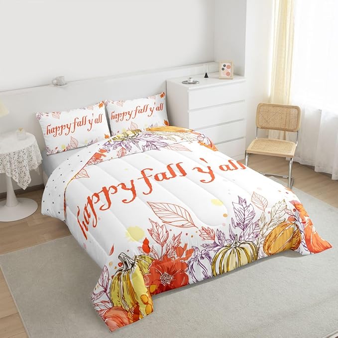Watercolor Fall Pumpkin Comforter Set Twin,Happy Harvest Thanksgiving Theme Bedding Set For Kids Adults,Autumn Maple Leaf Botanical Comforterfall Rustic Farmhouse Bed Set 1 Pillow Case Orange