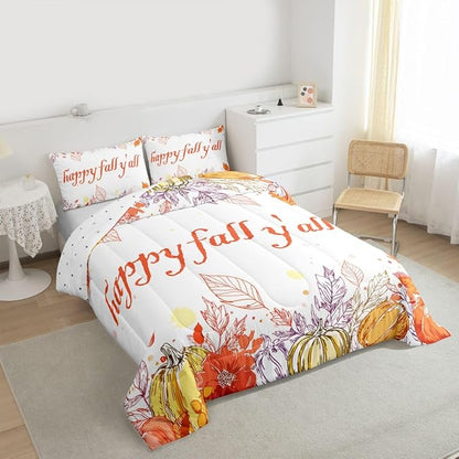 Watercolor Fall Pumpkin Comforter Set Twin,Happy Harvest Thanksgiving Theme Bedding Set For Kids Adults,Autumn Maple Leaf Botanical Comforterfall Rustic Farmhouse Bed Set 1 Pillow Case Orange