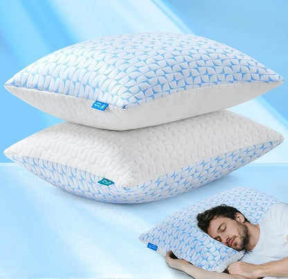 QUTOOL Firm Pillow Shredded Memory Foam, Cooling Pillow for Hot Sleeper, Adjustable Bed Pillow for Side Back Stomach Sleepers, Washable Cover, CertiPUR-US Certified, Standard Size Set of 2