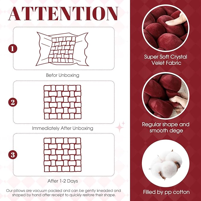 Wenqik 2 Pcs Knot Pillows Square Knotted Plush Throws Soft Accent Pillows Decoration Cushion for Couch Home Office Living Room Bedroom Bed Sofa Decor, 12'' x 13''(Burgundy,Crystal Velvet)