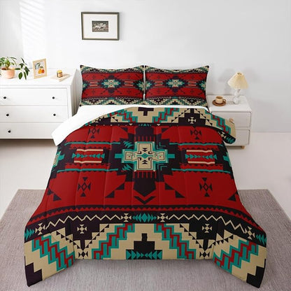 Western Bedding Comforter Set Queen Size,America Southwest Aztec Tribal Quilted Duvet 3pcs for Teens Kids Girls Women Bedroom Decor,Rustic Red Brown Duvet Insert with 2 Pillowcases