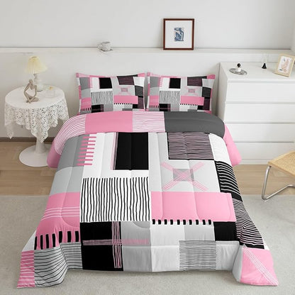 Erosebridal Pink Grey Girls Comforter Set Toddler Black White Abstract Bedding Set for Kids Teen Women Geometric Square Quilt Grids Checkered Duvet Insert Modern Fashion Room Decor 2 Pcs