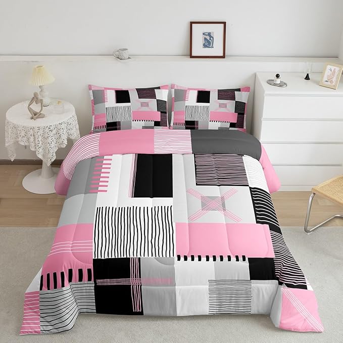 Erosebridal Pink Grey Girls Comforter Set Full Black White Abstract Bedding Set for Kids Teen Women Geometric Square Quilt Grids Checkered Duvet Insert Modern Fashion Room Decor 3 Pcs