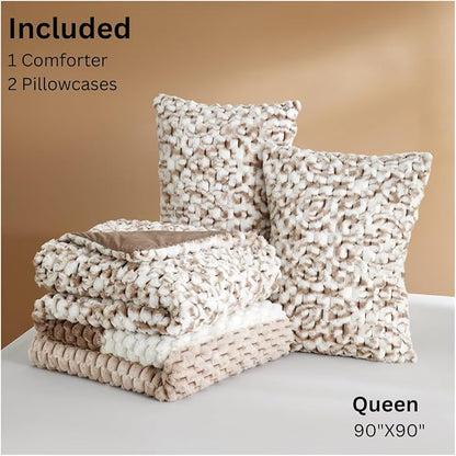 Petrichor Fluffy Queen Comforter Set - Taupe and White Striped Faux Fur Blanket for Queen Bed, Ultra-Soft Warm Bedding for Winter & Fall, Cozy 3 Piece Bed Set (1 Comforter & 2 Pillowcases)