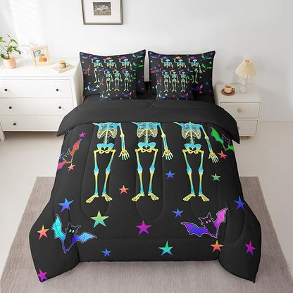 Erosebridal Sugar Skull Bed in a Bag King Size Comforter Set 7 Pieces,Gothic Skeleton Halloween Decor,Bedding Sets Galaxy Stars Sheet Set with Comforter