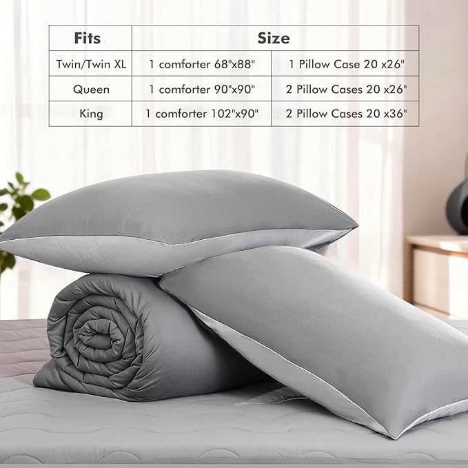Elegear Queen Comforter Set Gray, PCM Temperature Regulating Ultra-Soft Bedding Set, 3Pcs Upgraded Micro Fleece Lightweight Comforter Set All Season, 1 Cover Free Comforter 90x90, 2 Pillowcase 20x26
