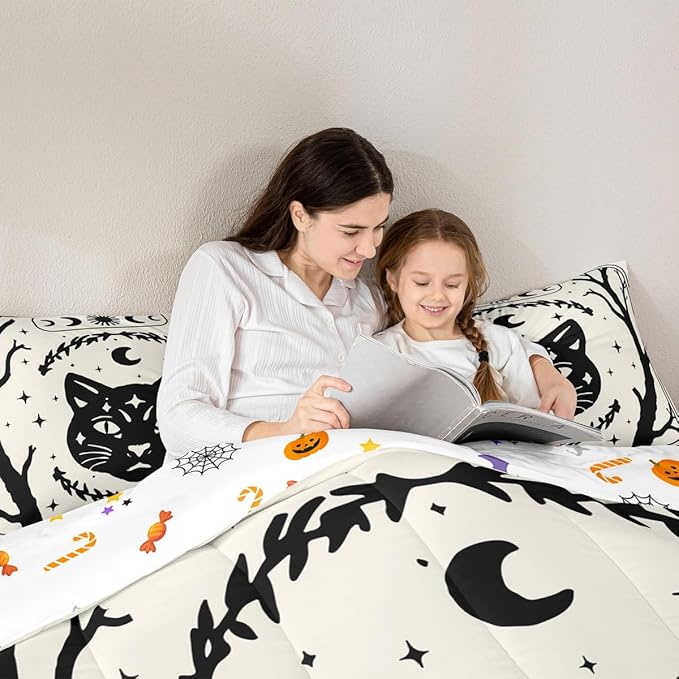 Erosebridal Gothic Cat Comforter Set Toddler, Halloween Cat Decor Bedding Set for Kids Boys Teens Men Gothic Bedroom Decor, Goth Comforter, Sun and Moon Quilt, 2 Piece with 1 Pillowcase