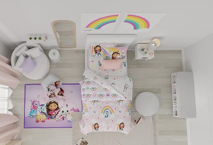 Gabby's Dollhouse Kids Twin Size Bedding, 5 Piece Super Soft Cozy Reversible Comforter and Sheet Set with Sham, (Officially Licensed Product) by Franco
