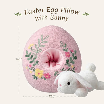 Phantoscope Happy Easter Egg Shaped Throw Pillow with Bunny, Teddy Fleece Soft Egg Pillow with Floral Embroidered Decorative Pillows for Couch Sofa Bed Chair, Favors Gifts, Pink, 14.5 x 12.5 Inches