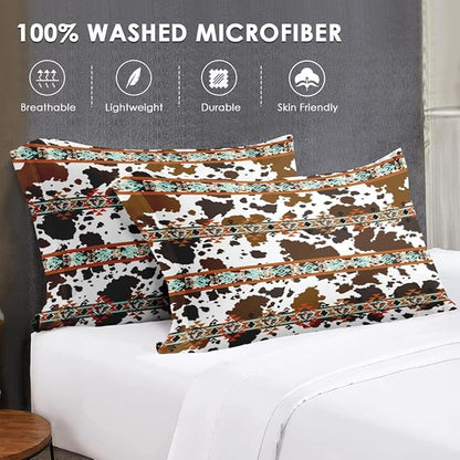 Full Size Comforter Set with 2 Pillowcases, Cow Brown Cowhide 3 Pcs Bedding for Kids and Adults, Vintage Retro Animal Soft Comforter Set for Bedroom Bed Decor