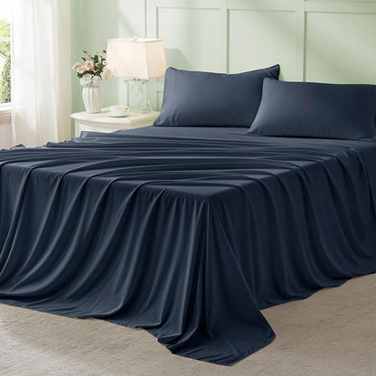 Anluoer Navy Blue California King Comforter Set 7 Pieces, Bed in a Bag with Sheets, All Season Bedding Sets with 1 Comforter, 2 Pillow Shams, 2 Pillowcases, 1 Flat Sheet, 1 Fitted Sheet