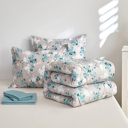 Flysheep Gray Botanical Bed in a Bag King Size 7 Pieces, Aqua Grey Leaves Elegant Floral Comforter Bedding Set All Season(1 Comforter, 1 Flat Sheet, 1 Fitted Sheet, 2 Pillow Shams and 2 Pillowcases)