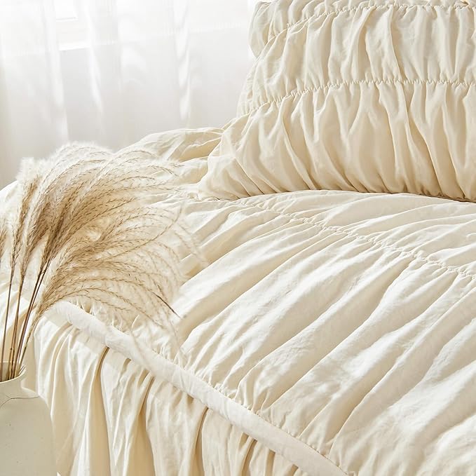 Bonlino King Size Comforter Set Bedding - Ruched Wheat Comforter King Bed Set Boho Shabby Chic Bedding for Bedroom Comforter Fluffy 3 Piece Ruffle Comforter Set with Pillow White Soft and Luxury