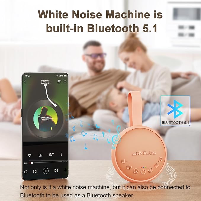 White Noise Sound Machine for Sleeping Adults & Baby, Portable Noise Machine with 24 Soothing Sounds, Bluetooth 5.1, Battery Powered, 3 Timer Settings, Memory Function for Home, Office, Travel(Orange)