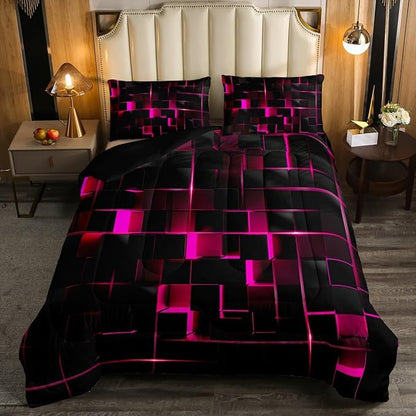 Erosebridal Stereoscopic Neon Bedding Set, Pink Black Neon Lights Glowing Kids Comforter Set Square Quilt Modern Abstract Geometric Down Comforter with 2 Pillow Cases, Queen Size